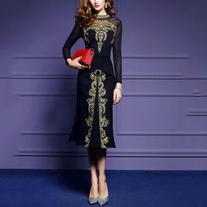 NWT Embroidered Mesh Long Sleeved Evening Dress